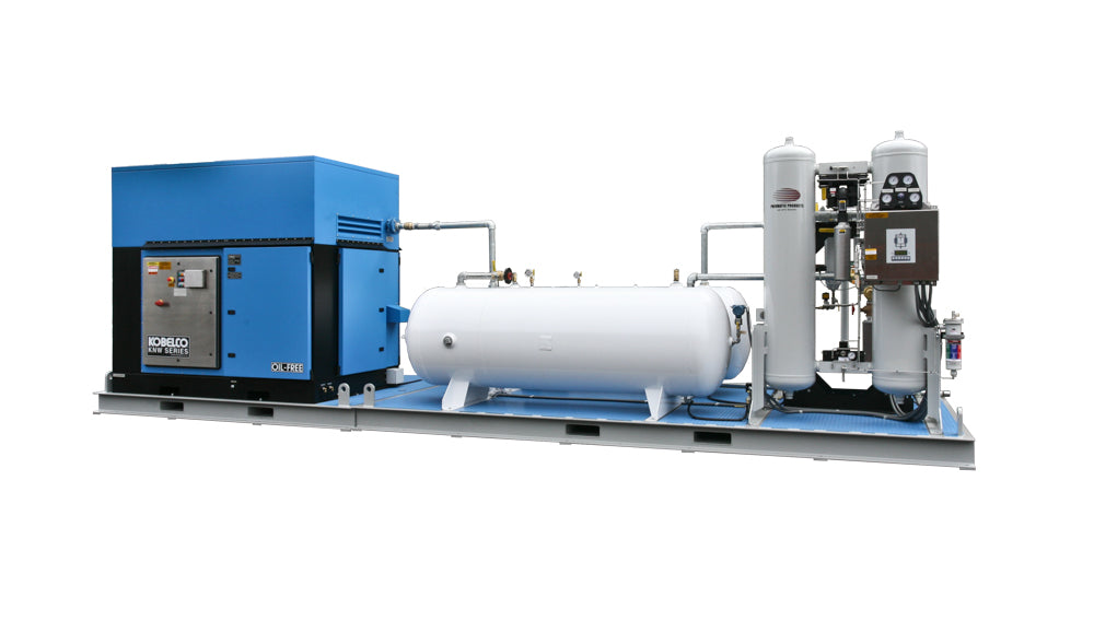 Rogers Machinery Company provides custom solutions including Rogers KNW oil-free rotary screw air compressor common skid system with horizontal tanks for the mining industry