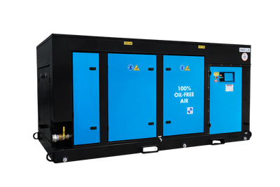 KNW R6 portable compressor in black trim with blue doors seen from a left angle
