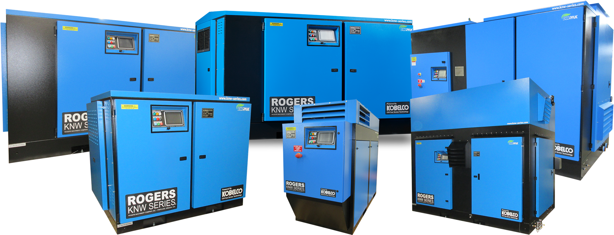 a grouped image of 6 oil-free air compressors