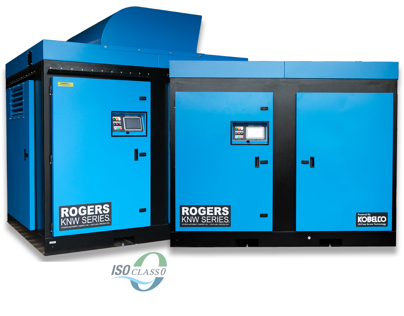 a group of 2 blue and black compressors with the "ISO Class O" beneath them