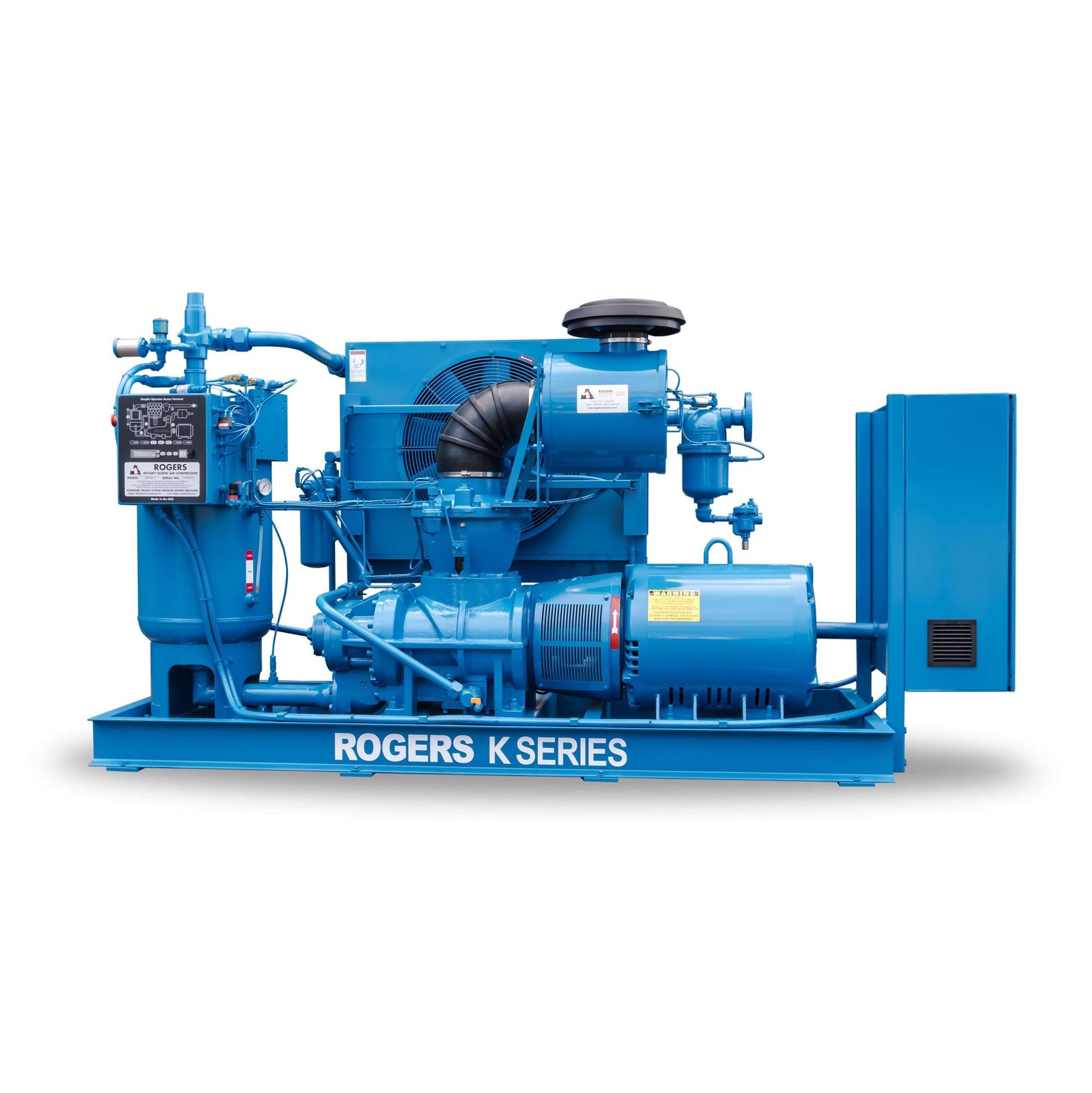 Rogers Rotary Screw Air Compressor - K/KV Series  0-99PSIG, 100-124PSIG, 100-199HP, 100-199SCFM, 1100+SCFM, 125-149PSIG, 150-199PSIG, 20-49SCFM, 200-299PSIG, 200-499HP, 200-499SCFM, 25-49HP, 50-99HP, 50-99SCFM, 500-799SCFM, 800-1099SCFM, a/c, fixed, ind_aerospace, ind_automotive, ind_glass&plastics, ind_manufacturing, ind_mining, ind_municipalities, ind_package, ind_water-treatment, ind_wood-products, k-series, lubricated, rogers-machinery, rotary-screw, show_manufacture_icon, vfd, w/c