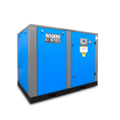 KI Series Industrial Air Compressors - Single Stage - Rotary Screw KI-100 0-24HP, 100-124PSIG, 100-199HP, 100-199SCFM, 125-149PSIG, 125-149SCFM, 150-199PSIG, 150-199SCFM, 20-49SCFM, 200-299SCFM, 200-499SCFM, 50-99HP, 50-99SCFM, buy_now, fixed, k-series, lubricated, rogers-machinery, rotary-screw Industrial Air Compressors