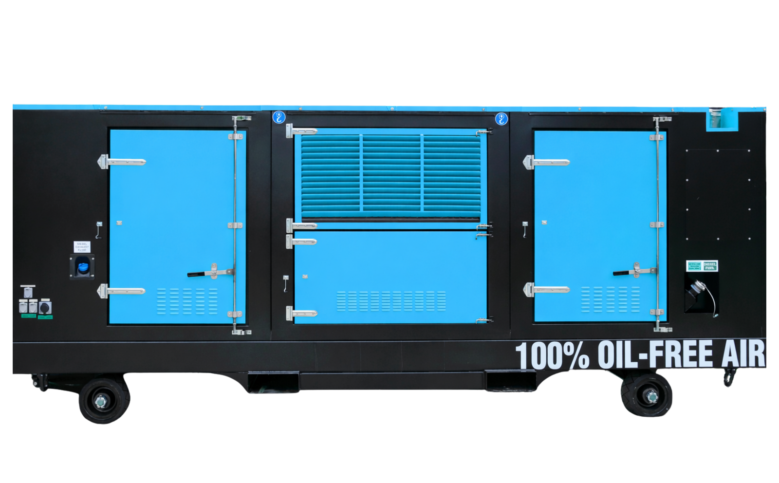 A diesel air compressor on wheels in blue and black