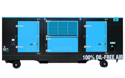 A diesel air compressor on wheels in blue and black