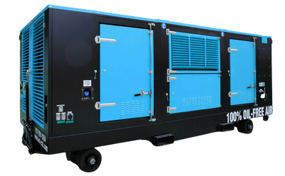 A blue and black diesel air compressor on wheels from a left facing angle