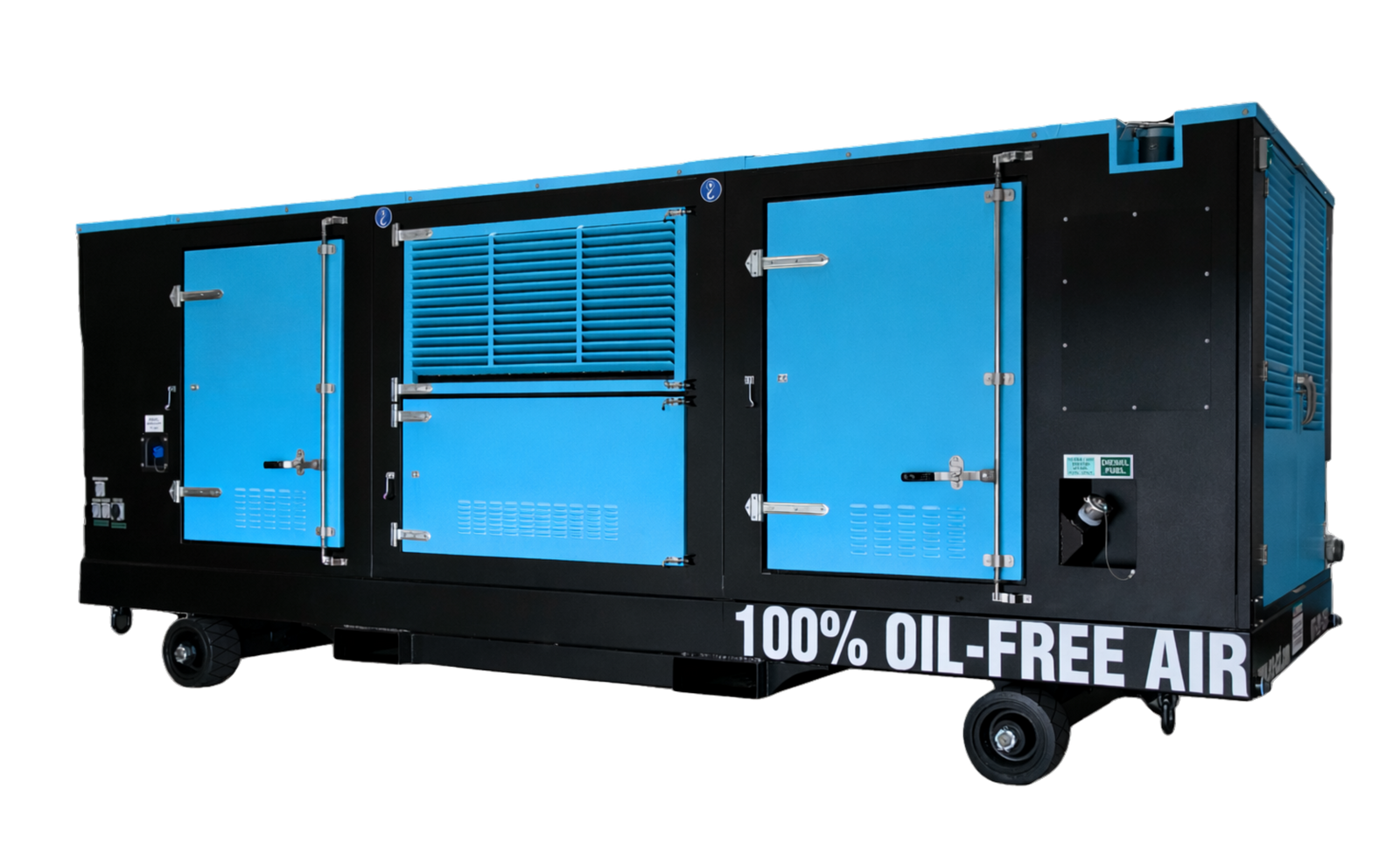 A black and blue diesel air compressor on wheels from a right-facing angle