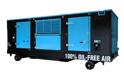 A black and blue diesel air compressor on wheels from a right-facing angle