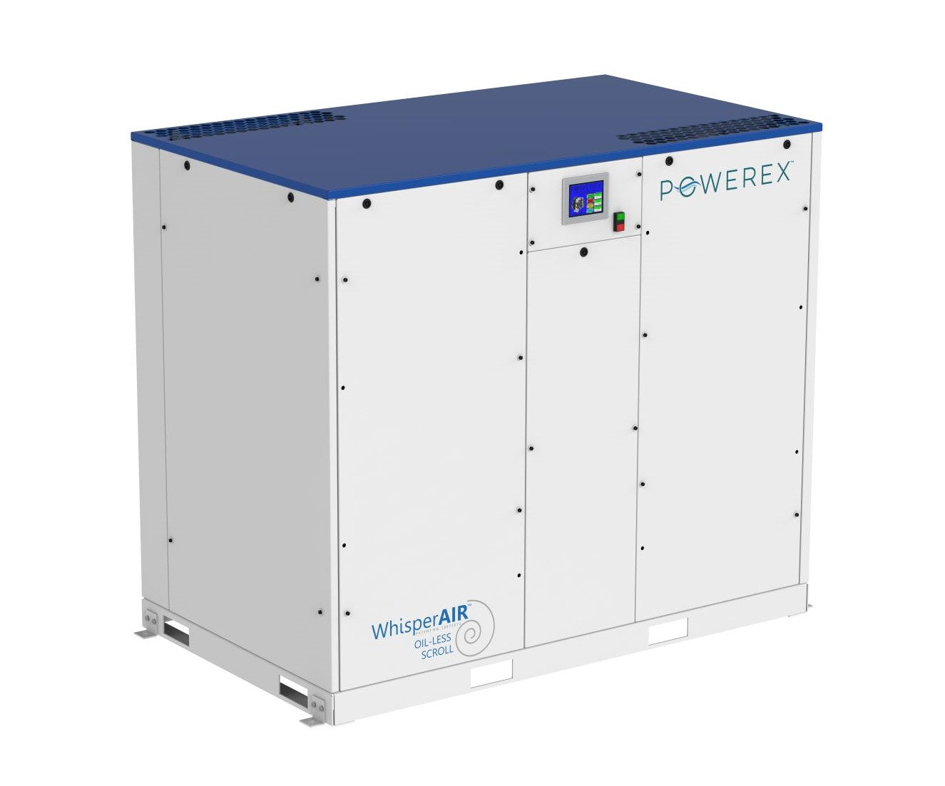 A blue and white Powerex scroll air compressor system housed in a steel frame with sound-deadening insulation.