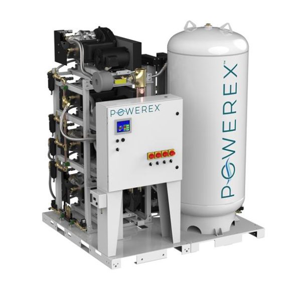 An Powerex open scroll air compressor system with a large air tank, control panel, and compressor unit.