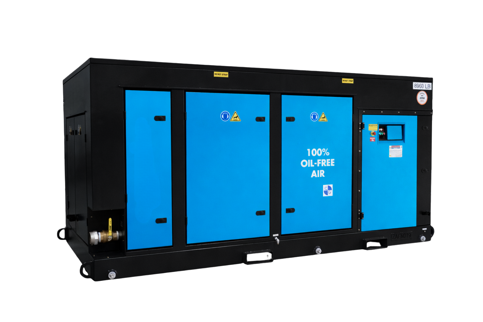 KNW R6 portable compressor in black trim with blue doors seen from a left angle