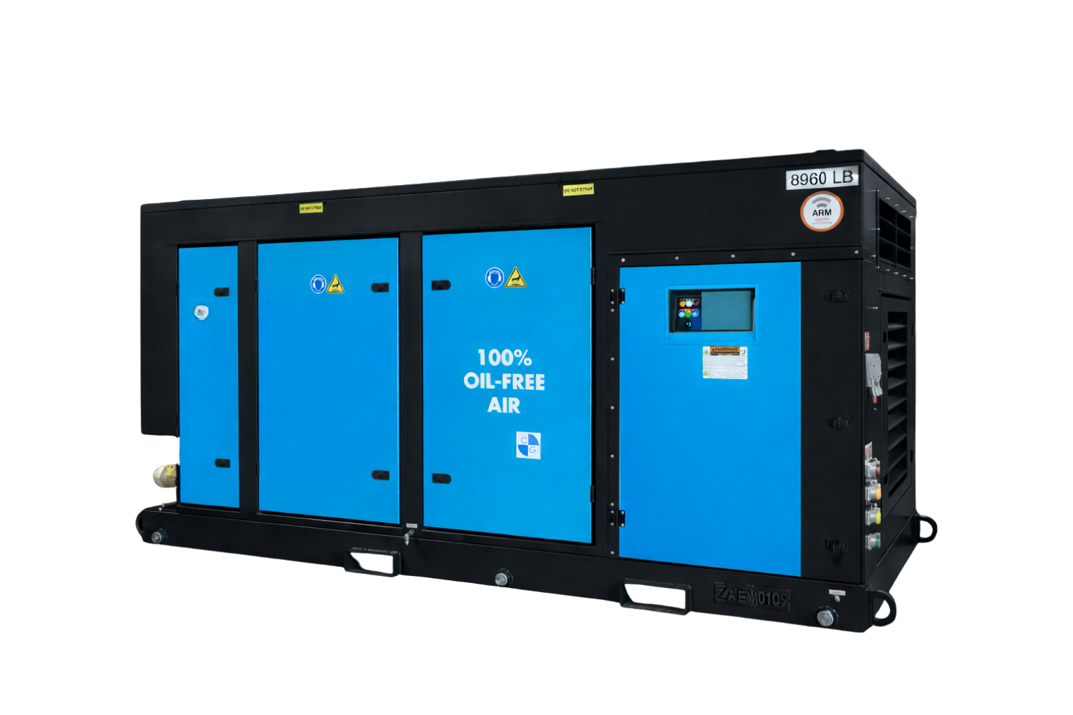 KNW R6 portable compressor in black trim with blue doors form the right angle view