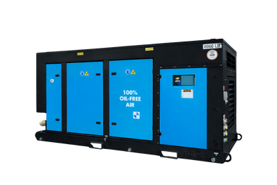 KNW R6 portable compressor in black trim with blue doors form the right angle view