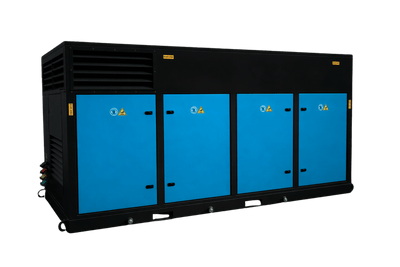 An air compressor with 4 blue panels facing left