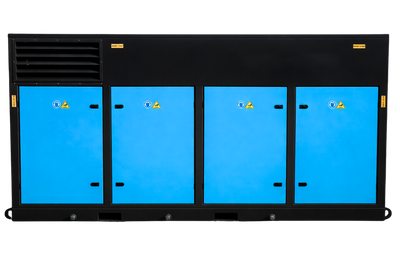 An air compressor with four blue door panels