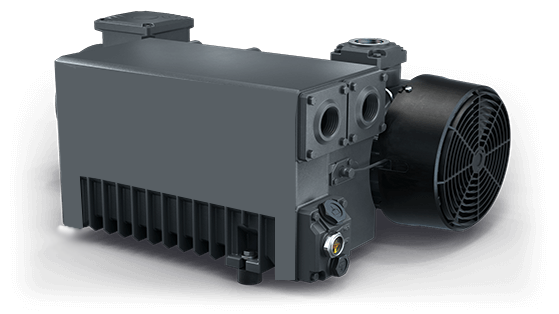 Image of a grey and black oil lubricated rotary vane vacuum pump with no background.